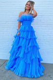 Blue Organza A Line Strapless Prom Dresses With Ruffles, Evening Dress, PL637 image 1