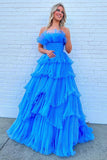 Blue Organza A Line Strapless Prom Dresses With Ruffles, Evening Dress, PL637 image 2