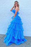 Blue Organza A Line Strapless Prom Dresses With Ruffles, Evening Dress, PL637 image 3