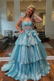 Blue Organza Strapless Long Prom Dresses With Bow, Evening Dress, PL674