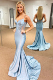 Blue Satin Mermaid Spaghetti Straps Backless Long Prom Dress, Party Dress, PL790 image 1