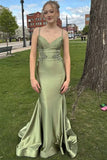 Blue Satin Mermaid Spaghetti Straps Backless Long Prom Dress, Party Dress, PL790 image 4