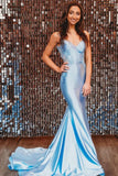 Blue Satin Mermaid Spaghetti Straps Backless Long Prom Dress, Party Dress, PL790 image 2