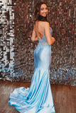 Blue Satin Mermaid Spaghetti Straps Backless Long Prom Dress, Party Dress, PL790 image 3