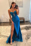 Blue Satin Mermaid Strapless Lace Appliqued Prom Dresses, Party Dress, PL597