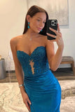 Blue Satin Mermaid Strapless Lace Appliqued Prom Dresses, Party Dress, PL597 image 3
