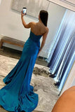 Blue Satin Mermaid Strapless Lace Appliqued Prom Dresses, Party Dress, PL597 image 2