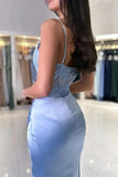 Blue Satin Mermaid V Neck Slit Long Prom Dresses With Lace Appliques, PL638 | mermaid lace prom dress | long formal dress | party dress | promnova.com