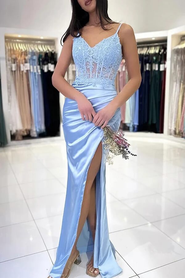 Blue Satin Mermaid V Neck Slit Lace Prom Dresses, PL638