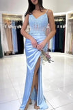 Blue Satin Mermaid V Neck Slit Long Prom Dresses With Lace Appliques, PL638