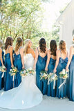Blue Satin Sheath Spaghetti Straps Long Bridesmaid Dresses With Bow, PB190 image 4