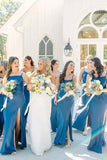 Blue Satin Sheath Spaghetti Straps Long Bridesmaid Dresses With Bow, PB190 image 1