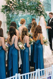 Blue Satin Sheath Spaghetti Straps Long Bridesmaid Dresses With Bow, PB190 image 3