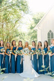 Blue Satin Sheath Spaghetti Straps Long Bridesmaid Dresses With Bow, PB190 image 2
