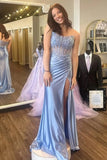 Blue Satin Strapless Mermaid Lace Appliques Prom Dress With Slit, Party Dresses, PL788 | prom dress blue | cheap prom dresses online | lace prom dress | promnova.com
