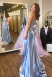 Blue Satin Strapless Mermaid Lace Appliques Prom Dress With Slit, Party Dresses, PL788 | prom dress shopping near me | evening dress | long formal dress | promnova.com