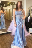 Blue Satin Strapless Mermaid Lace Appliques Prom Dress With Slit, Party Dresses, PL788 | sexy prom dress | new arrival prom dress | senior prom dress | promnova.com