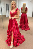 Blue Satin Tiered A Line V Neck Sleeveless Prom Dresses With Side Slit, PL731 image 3