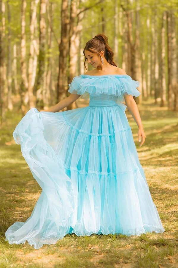 Blue Tulle A-line Corset Off Shoulder Prom Dresses, PL657