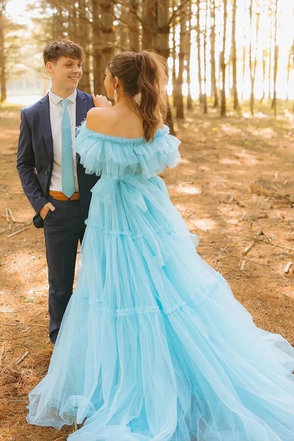 Blue Tulle A-line Corset Off Shoulder Prom Dresses, PL657 | Promnova Blue Tulle A-line Corset Off Shoulder Prom Dresses, PL657 | Promnova