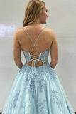 Blue Tulle A-line Scoop Spaghetti Straps Long Prom Dresses With Appliques, PL612 | a line prom dress | prom dress shops | new arrival prom dress | promnova.com