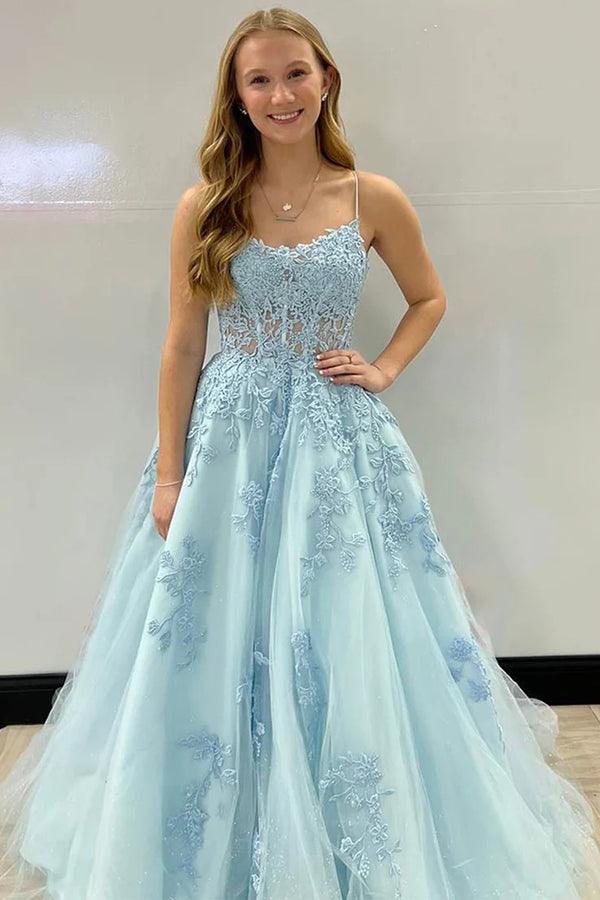 A-Line Spaghetti Straps Corset Back Long Prom Dress With Appliques US2 / Custom Color