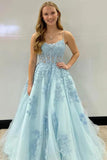 Blue Tulle A-line Scoop Spaghetti Straps Long Prom Dresses With Appliques, PL612 | lace prom dress | evening dresses | long formal dress | promnova.com