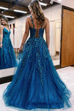 Blue Tulle A Line V Neck Lace Appliques Long Prom Dresses, Evening Gown, PL569 | cheap a line prom dress | party dresses | long formal dress | promnova.com