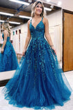 Blue Tulle A Line V Neck Lace Appliques Long Prom Dresses, Evening Gown, PL569
