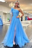 Blue Tulle Lace One Shoulder Prom Dresses With Slit, Evening Dress, PL628