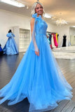 Blue Tulle Lace One Shoulder Prom Dresses With Slit, Evening Dress, PL628 image 2
