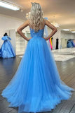 Blue Tulle Lace One Shoulder Prom Dresses With Slit, Evening Dress, PL628 image 3