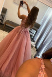 Blush Pink Tulle A Line V Neck Lace Appliques Prom Dresses, Party Dress, PL580 | new arrival prom dress | cheap prom dresses | long formal dress | promnova.com