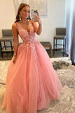 Blush Pink Tulle A Line V Neck Lace Appliques Prom Dresses, Party Dress, PL580