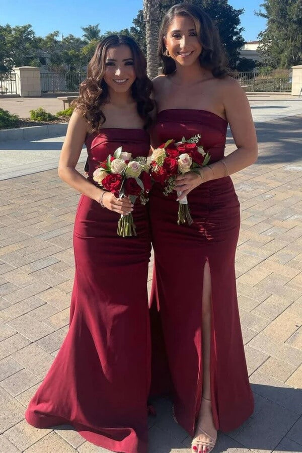 Burgundy Satin Mermaid Strapless Long Bridesmaid Dresses With Slit, PB188 | promnova.com Promnova Burgundy Satin Mermaid Strapless Long Bridesmaid Dresses With Slit, PB188 | promnova.com Promnova