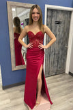 Burgundy Satin Strapless Mermaid Lace Appliques Prom Dresses With Slit, PL613 | cheap prom dress | party dress | evening dress | promnova.com
