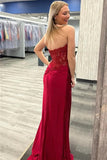 Burgundy Satin Strapless Mermaid Lace Appliques Prom Dresses With Slit, PL613 | evening gown | satin prom dress | burgundy prom dresses | promnova.com