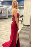 Burgundy Satin Strapless Mermaid Lace Appliques Prom Dresses With Slit, PL613 | mermaid lace prom dress | long formal dress | prom dresses for teens | promnova.com