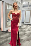 Burgundy Satin Strapless Mermaid Lace Appliques Prom Dresses With Slit, PL613