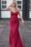 Burgundy Satin V Neck Mermaid Spaghetti Straps Pleats Long Prom Dresses, PL751 image 1