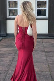 Burgundy Satin V Neck Mermaid Spaghetti Straps Pleats Long Prom Dresses, PL751 image 2