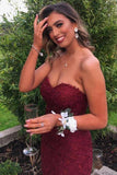 Burgundy Tulle Mermaid Sweetheart Lace Appliques Strapless Prom Dresses, PL609 | new arrival prom dress | prom dress stores | long formal dress | promnova.com