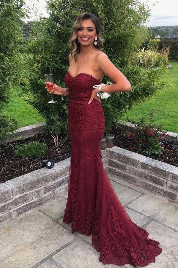 Sweetheart Mermaid Burgundy Lace Prom Dress Strapless Evening Dress US0 / Custom Color Sweetheart Mermaid Burgundy Lace Prom Dress Strapless Evening Dress US0 / Custom Color