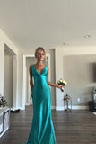 Charming Green Satin A line V Neck Sleeveless Long Prom Dresses, Party Dress, PL747 image 2