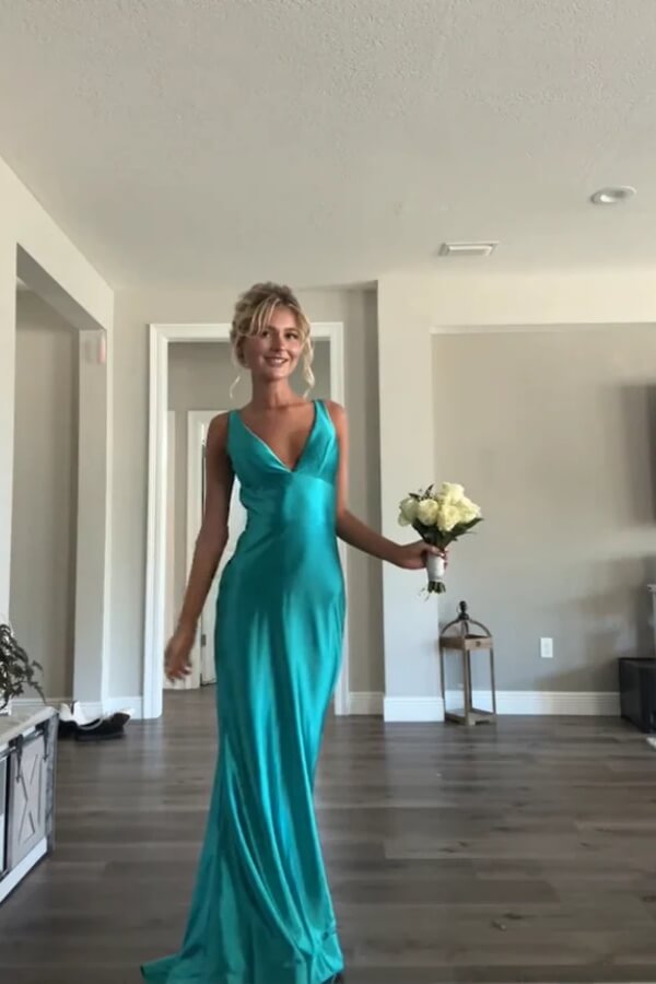 Green Satin A line V Neck Sleeveless Long Prom Dress, PL747