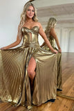 Charming Satin A Line Sweetheart Pleated Long Prom Dresses With Slit, PL778 image 3