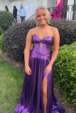 Charming Satin A Line Sweetheart Pleated Long Prom Dresses With Slit, PL778 image 4