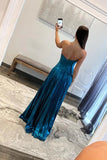Charming Satin A Line Sweetheart Pleated Long Prom Dresses With Slit, PL778 image 2