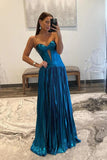 Charming Satin A Line Sweetheart Pleated Long Prom Dresses With Slit, PL778 image 1