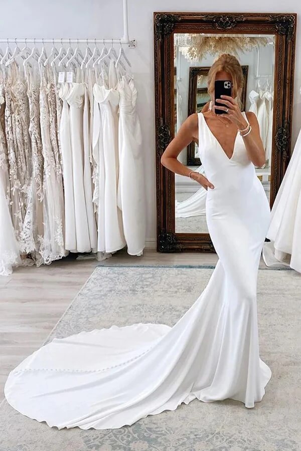 Charming Satin Mermaid V Neck Modest Wedding Dresses, PW470